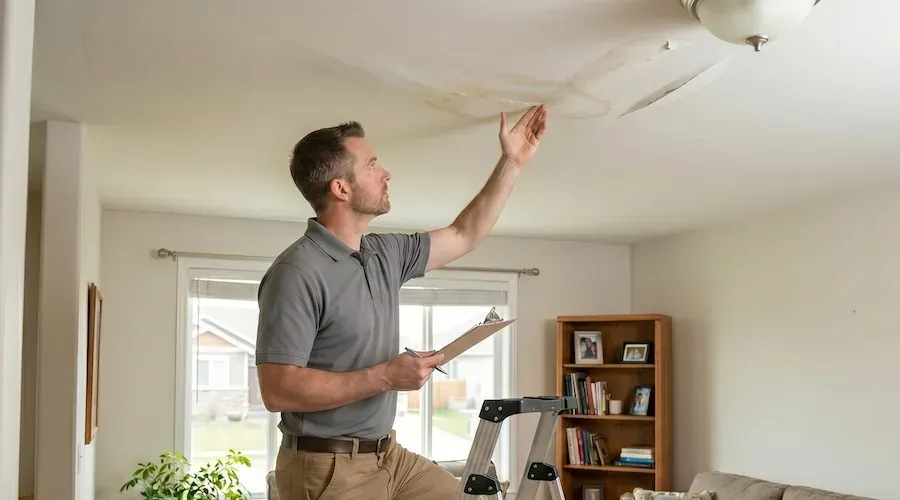 Tradesperson holding a clipboard and pointing up at a water-stained ceiling during an inspection