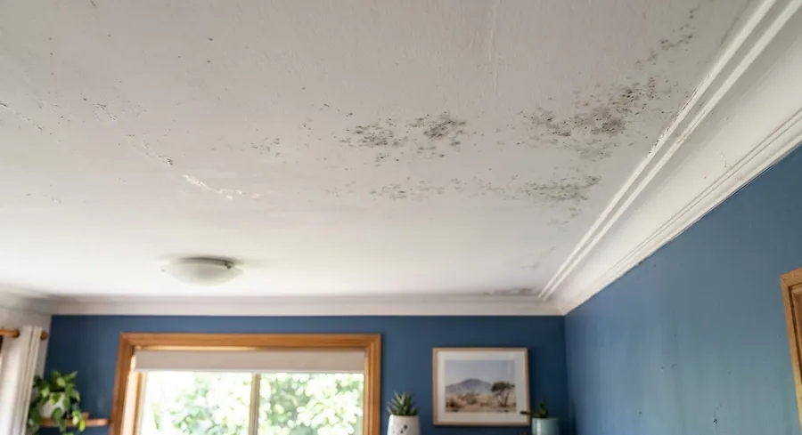 Black mould spots spreading across a living room ceiling and along the cornice