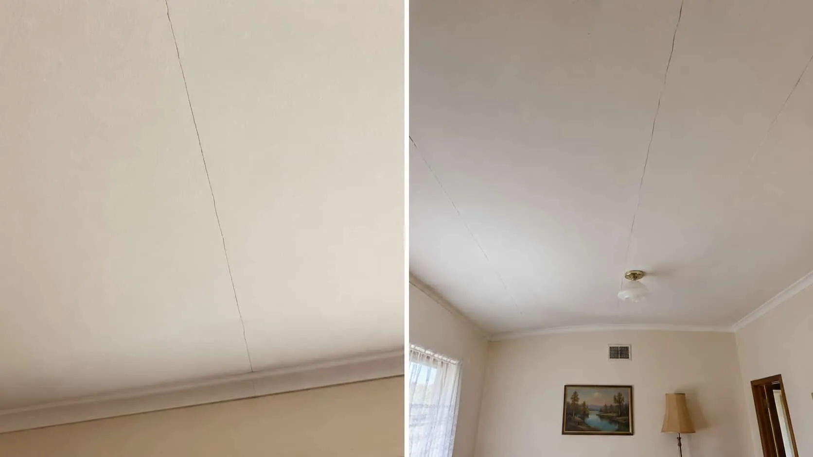 Side by side: a hairline crack along a plasterboard join on the left, and a sagging ceiling with cracks at the joins on the right