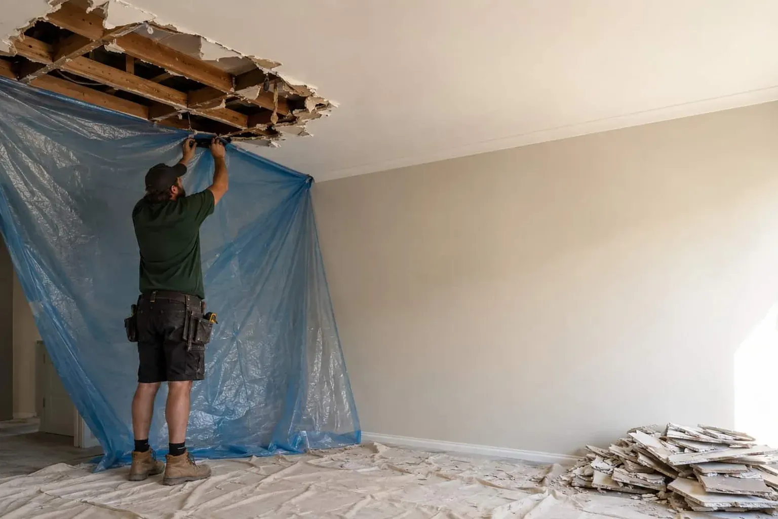 Ceiling fixer pulling down loose material from a collapsed ceiling with a tarp hung and debris stacked in the corner