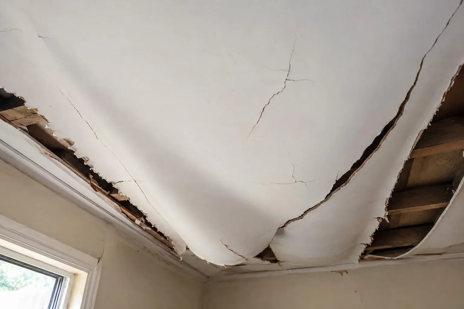Ceiling sheet torn away from the cornice and hanging down, with roof timbers visible through the gap