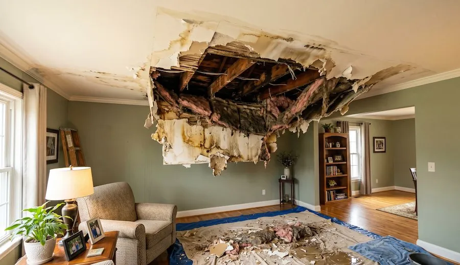 Room after a ceiling collapse with roof timbers exposed and plaster debris piled on the floor