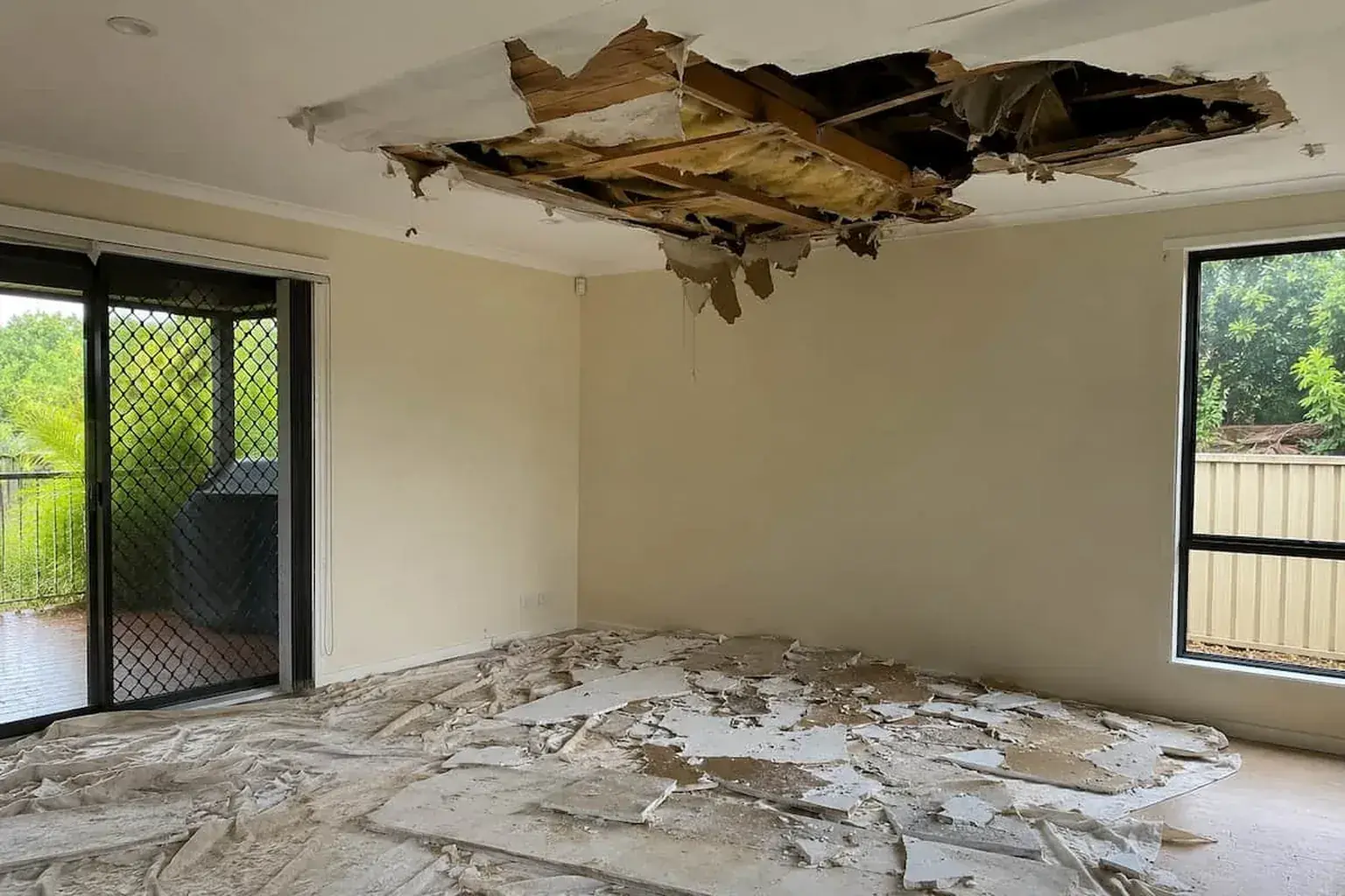 Whole ceiling collapsed in a living room, roof timbers exposed and broken plaster covering the floor