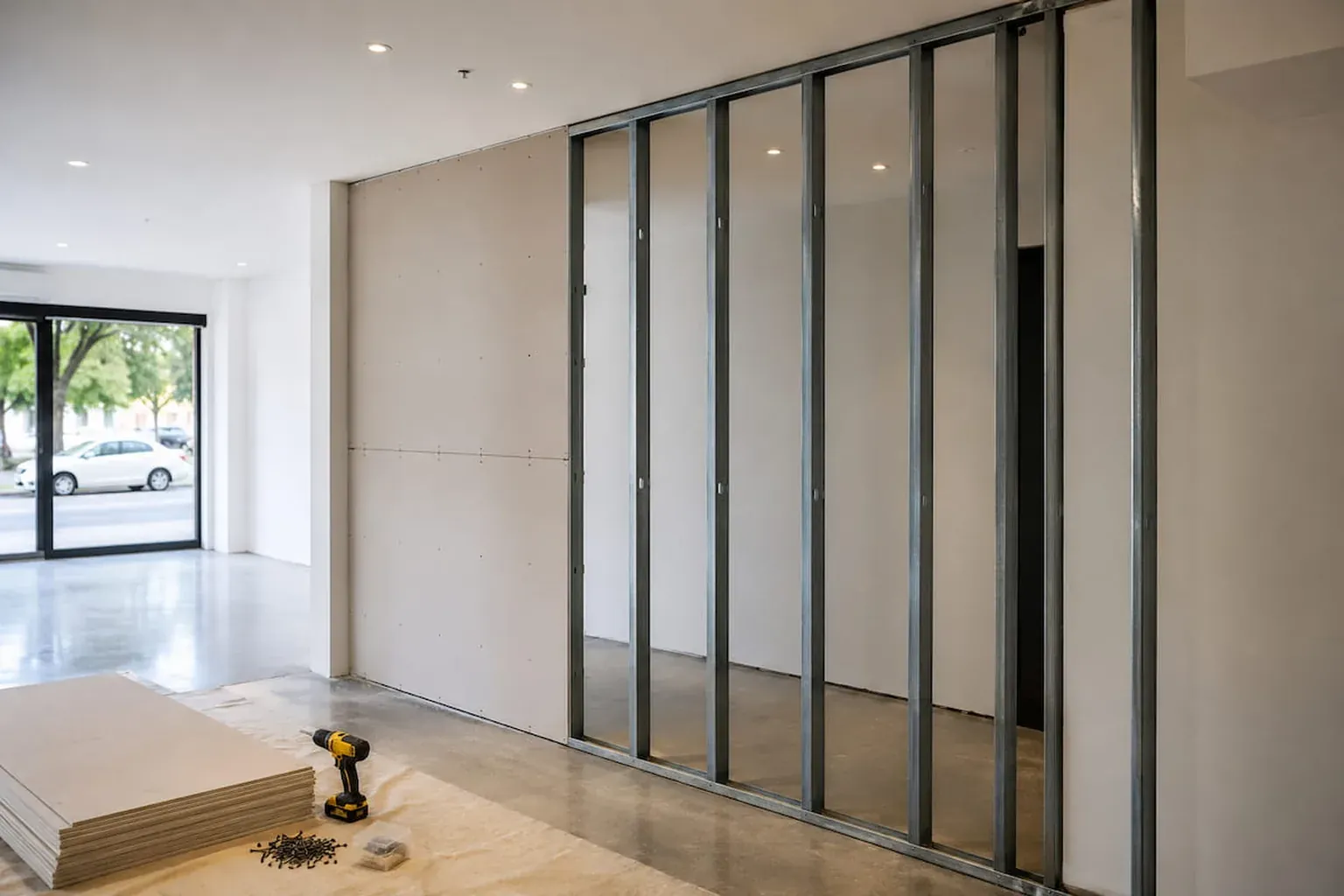 Shopfront fit-out with steel stud wall framing and a stack of plasterboard on the floor