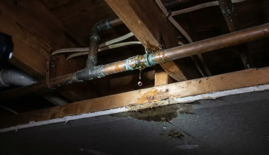 Copper water pipe in a roof space dripping onto the top of the ceiling