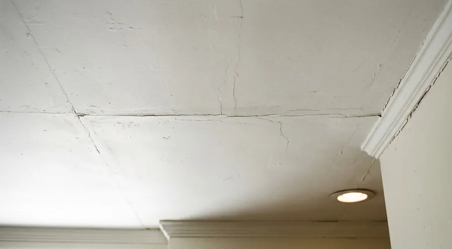Older plaster ceiling with cracks running along the sheet joins and meeting the cornice near a downlight