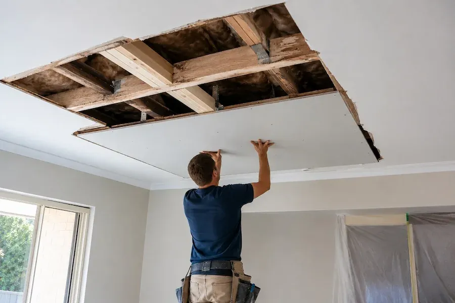 Ceiling fixer lifting a new piece of plasterboard into a rectangular opening cut back to the joists