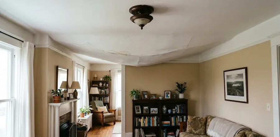 Lounge room ceiling sagging heavily in a long curve with cracks across it