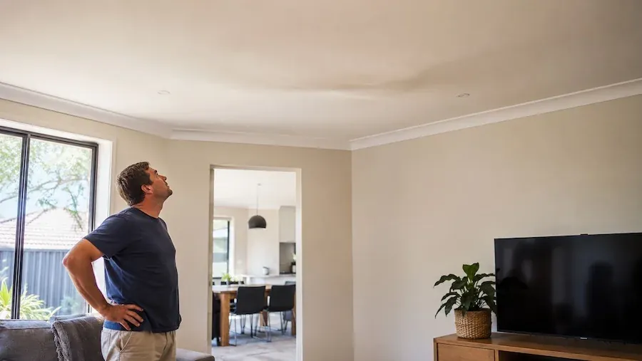 Homeowner standing in a living room with hands on hips looking up at the ceiling