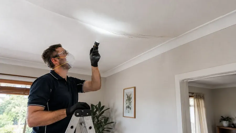 Ceiling fixer on a ladder shining a torch along a crack near the cornice