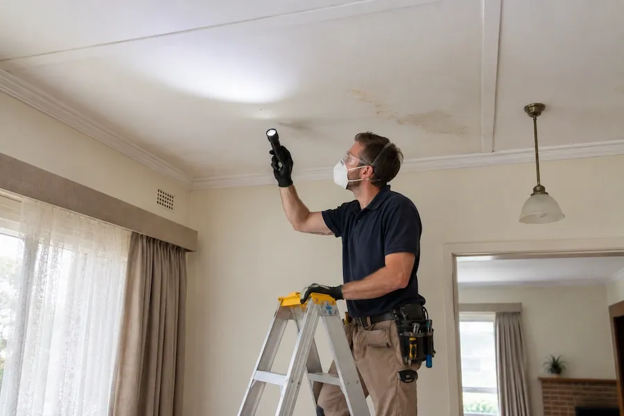 Tradesperson on a ladder wearing a mask and shining a torch at a stained ceiling