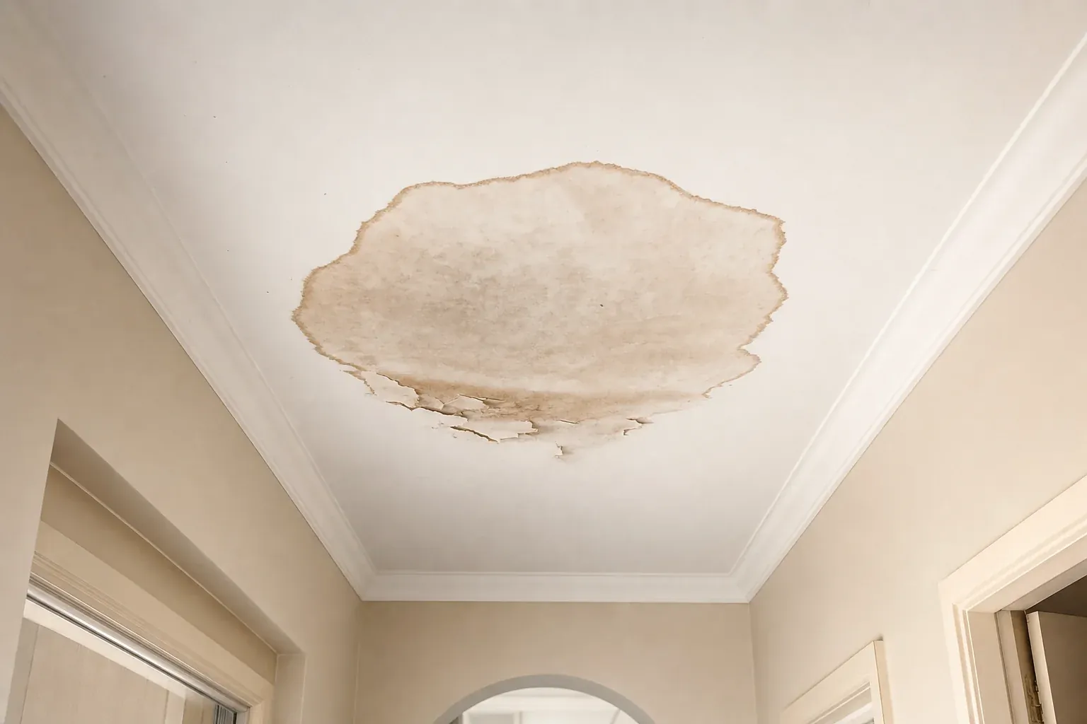 Large brown water stain on a white ceiling near the cornice, with the plaster starting to break away at the centre