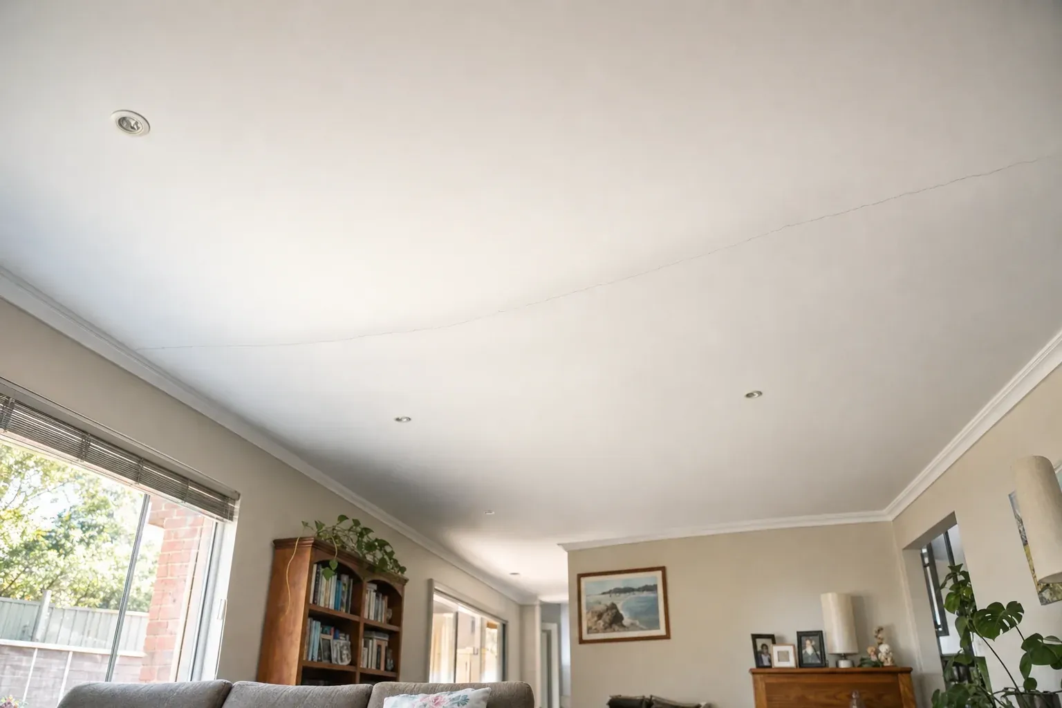 Living room ceiling with a shallow dip and a crack opening along a sheet join near a downlight