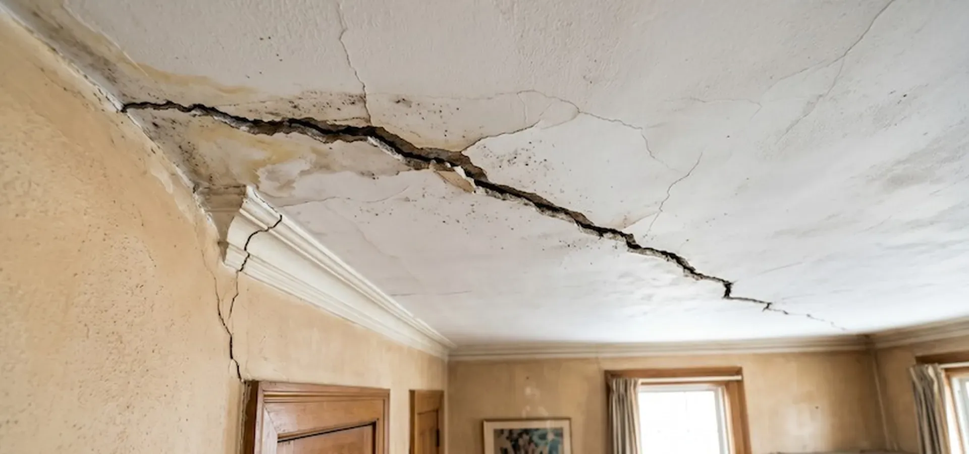 Wide crack with water staining and mould running along an old plaster ceiling beside the cornice