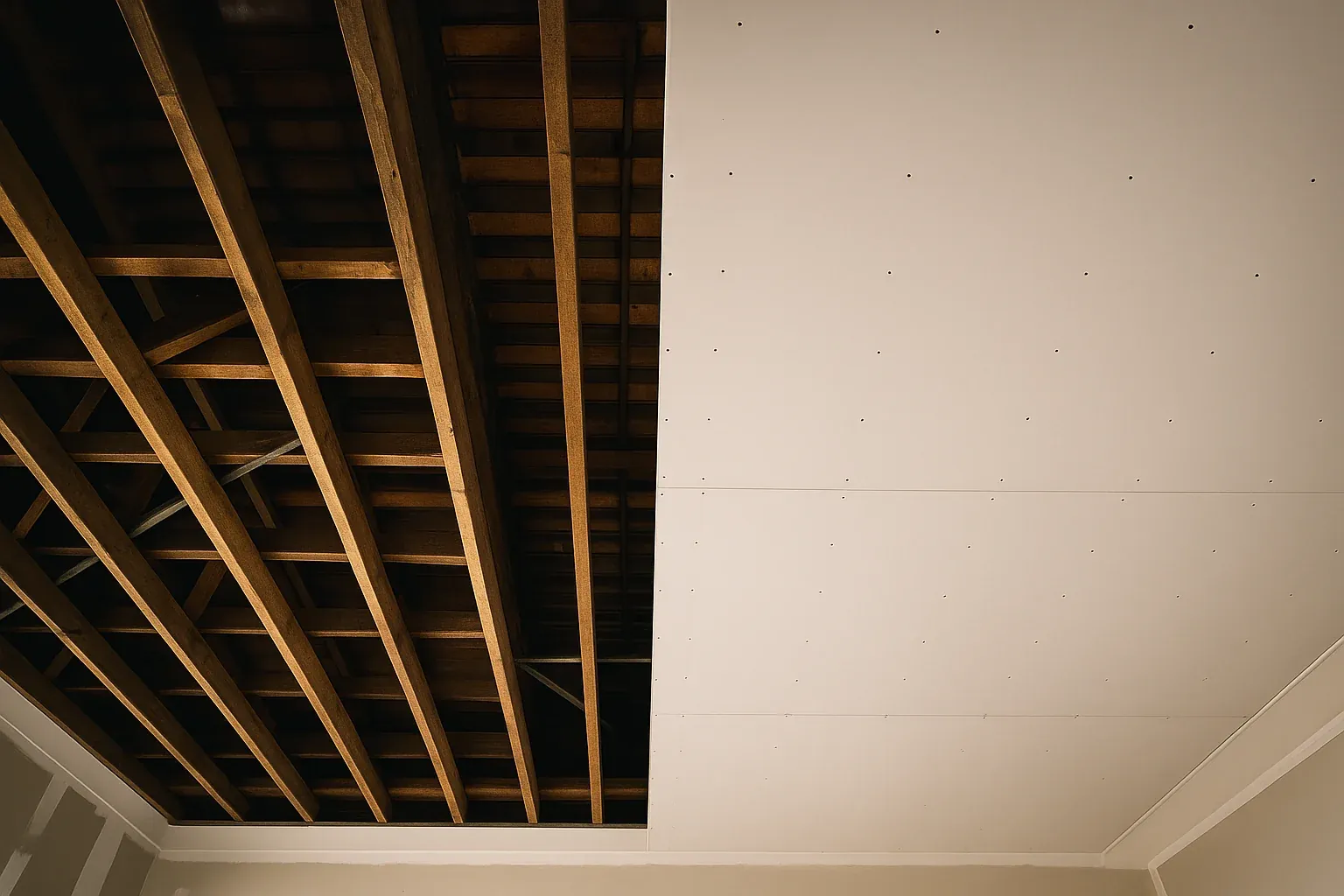 Ceiling half covered with new plasterboard sheets and half still exposed timber joists, with the original cornice below