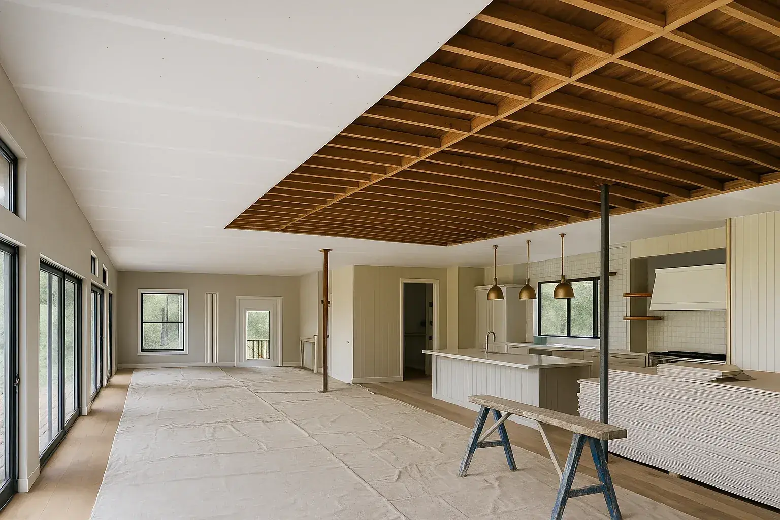 Open-plan kitchen and living area with one section of ceiling stripped back to bare timber joists, floor covered with drop sheets