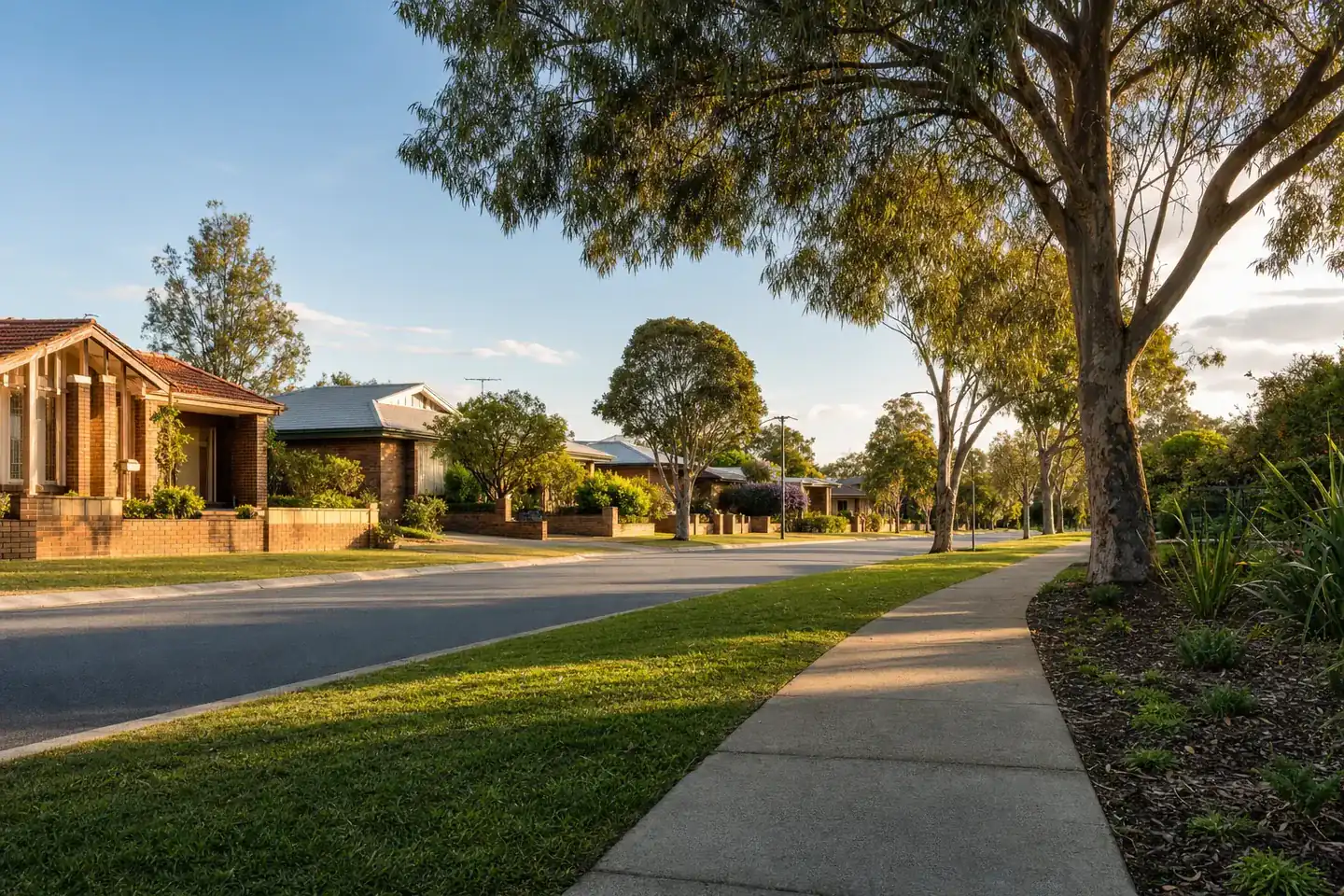 Perth suburban street of brick-and-tile homes with gum trees along the verge in late afternoon light