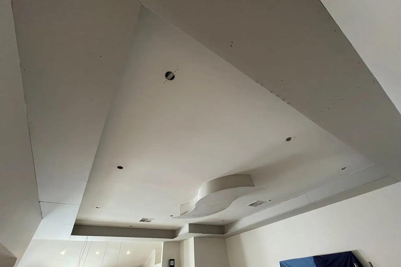 Plasterboard bulkhead and dropped ceiling framed and sheeted, joins not yet flushed