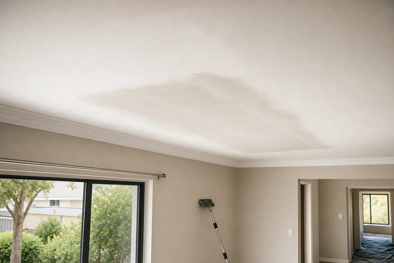 Re-fixed ceiling with the set area sanded smooth, a pole sander resting against the wall