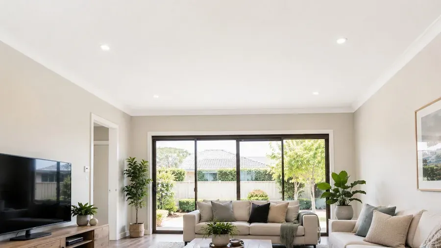 Flat finished ceiling with downlights over a living room opening onto a garden