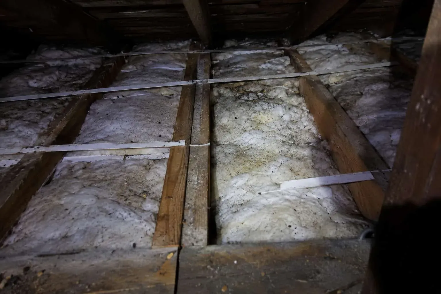 Roof space with ceiling joists, insulation batts and metal straps running across the joists over the ceiling below