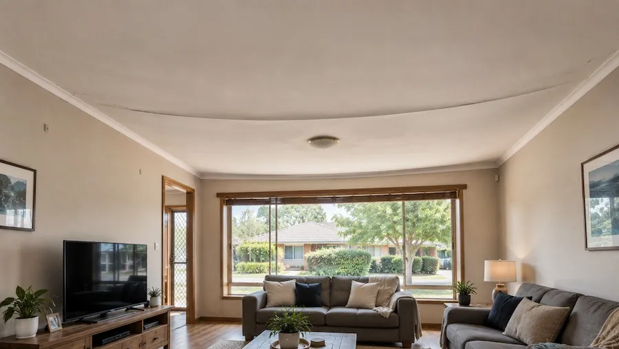 Living room in a 1970s home with the plasterglass ceiling bowed down along one line toward the window