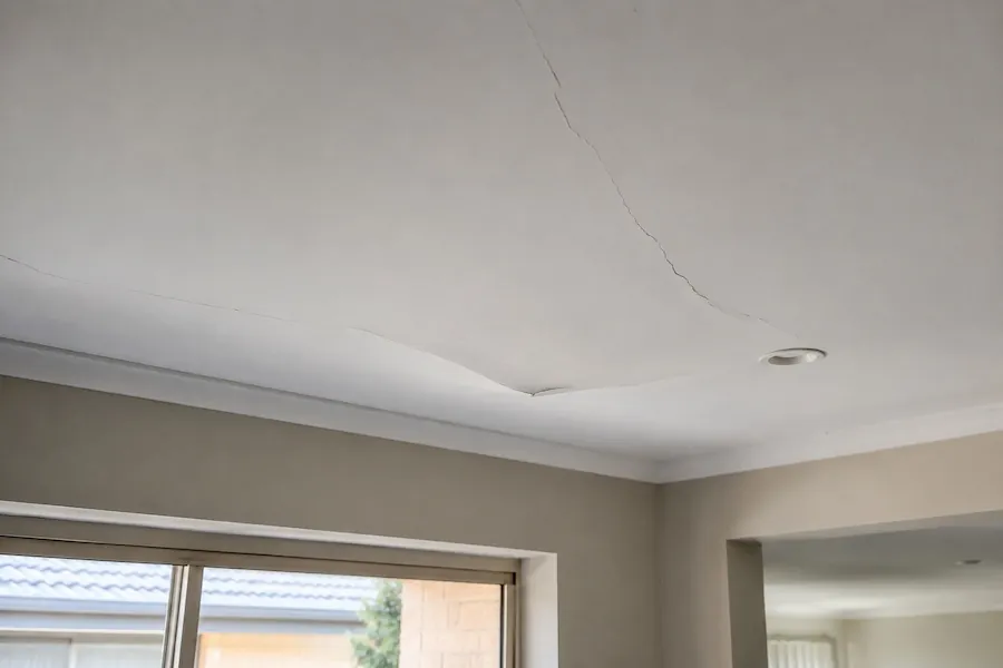Ceiling with a long crack and a shallow dip visible in the surface next to a downlight
