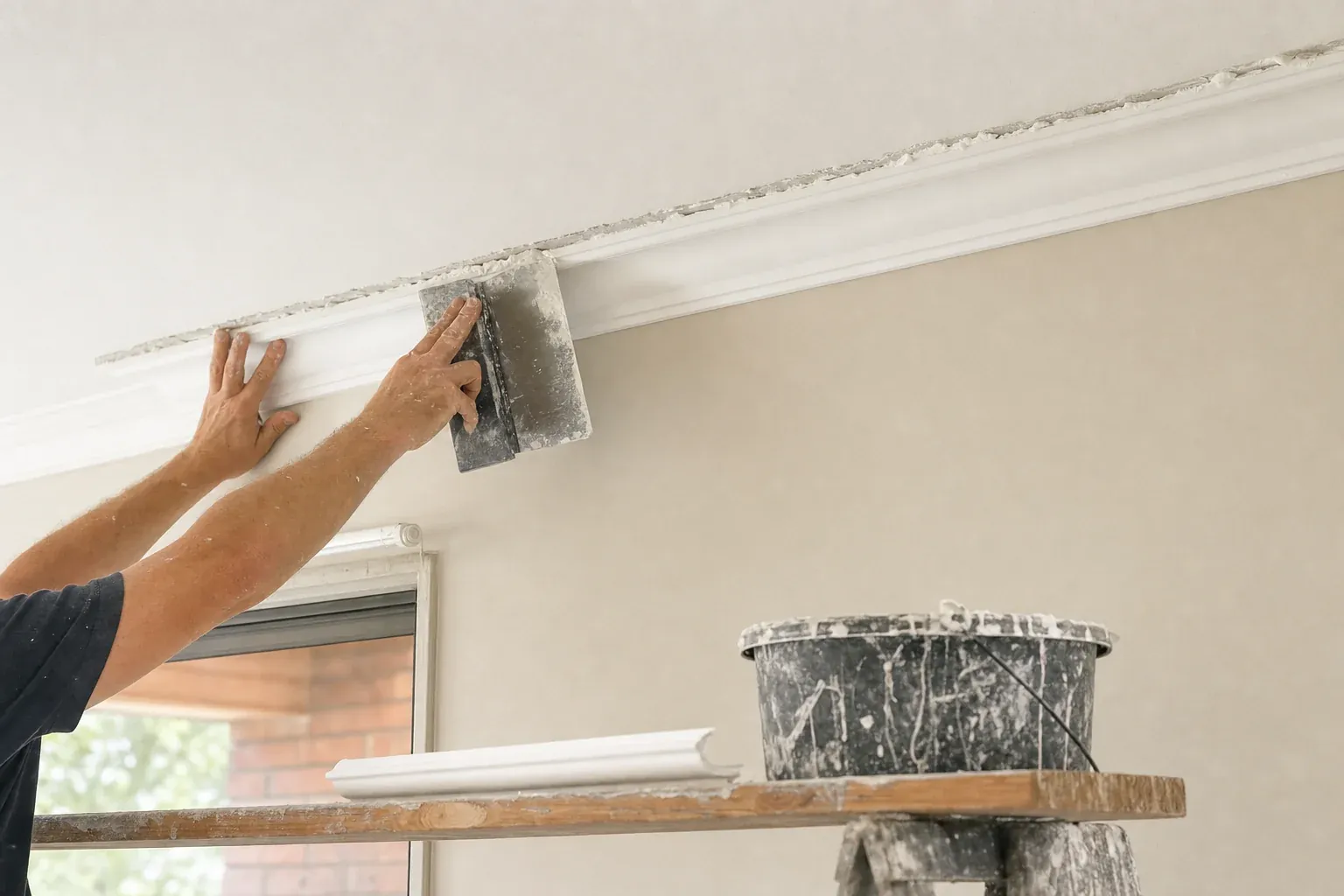 Hands pressing a new length of cornice into place and setting the edge with a trowel