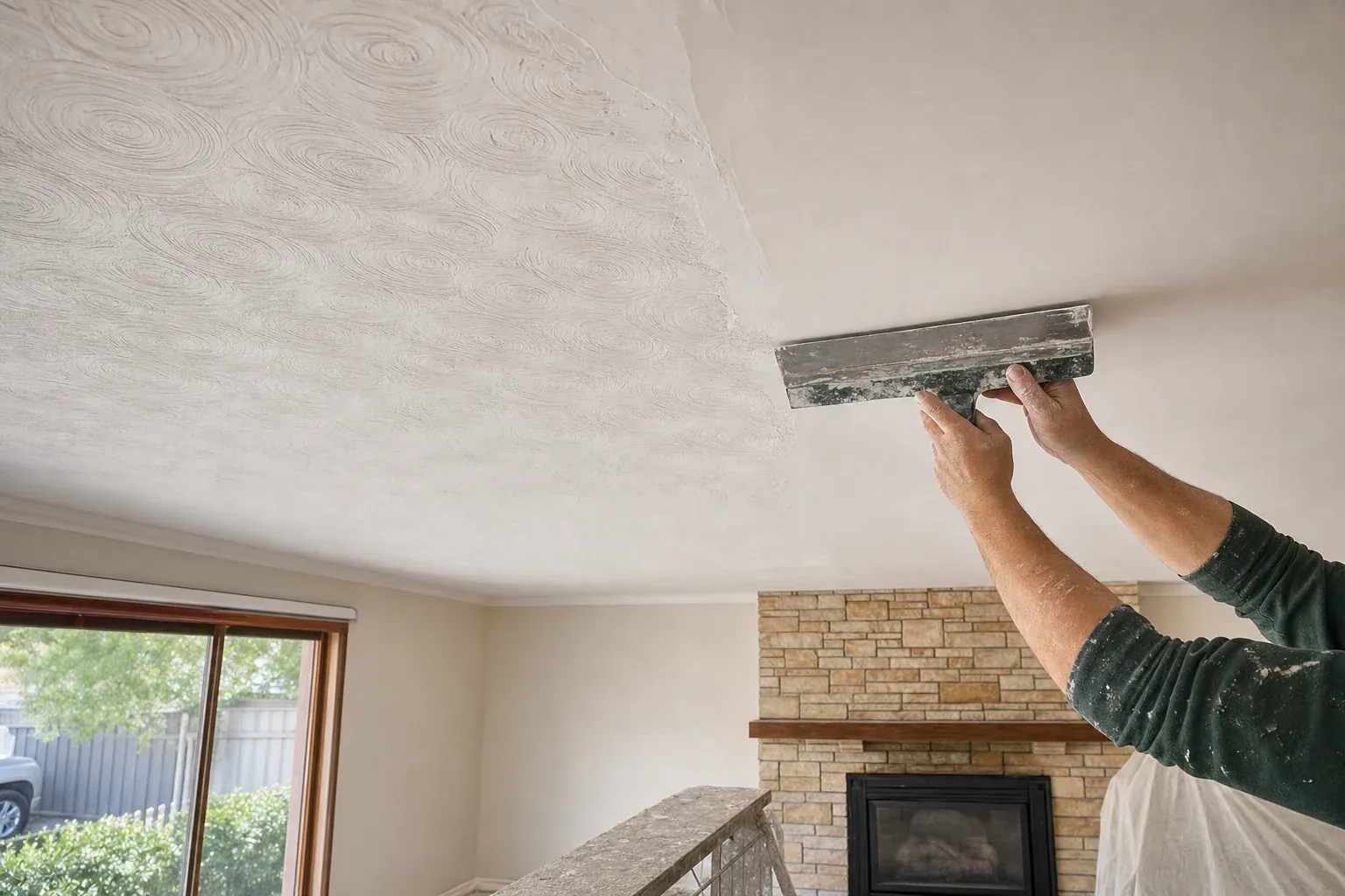 Trowel skimming plaster over a swirl-textured ceiling, half of it already smooth