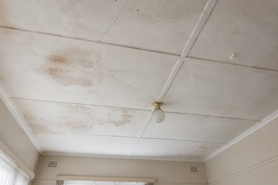 Older sheet ceiling with timber cover strips over the joins and brown water staining across several panels