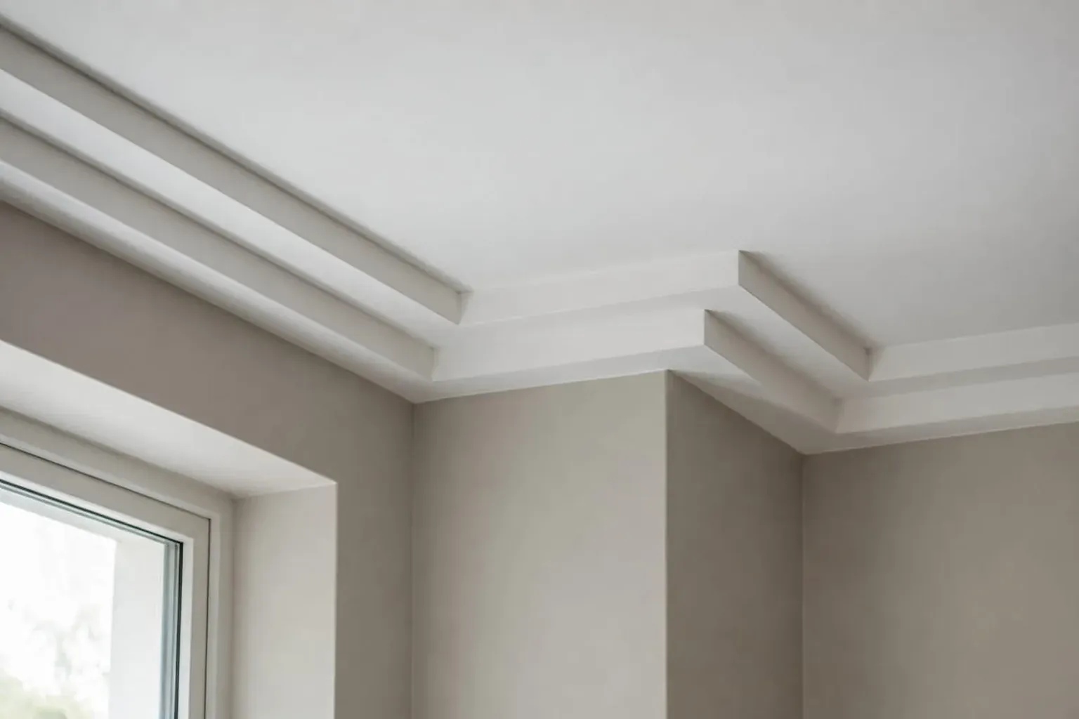 Close-up of a stepped modern cornice profile meeting at a corner