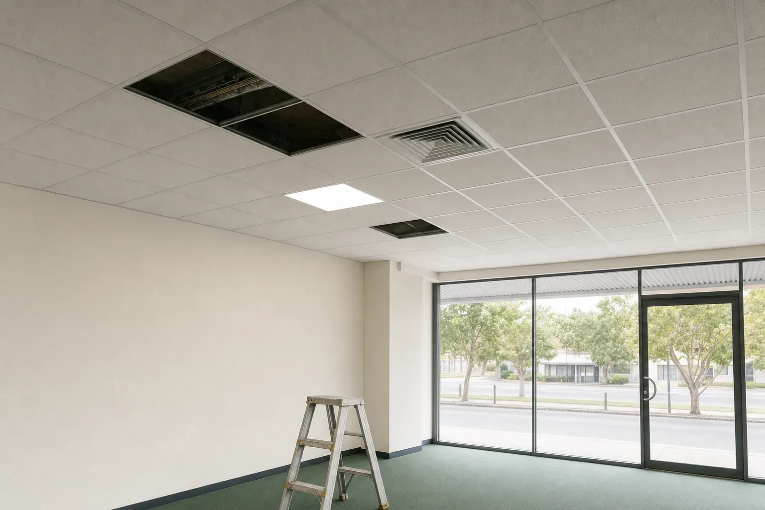 Suspended grid ceiling in a commercial office with several tiles removed exposing the ceiling cavity and services above