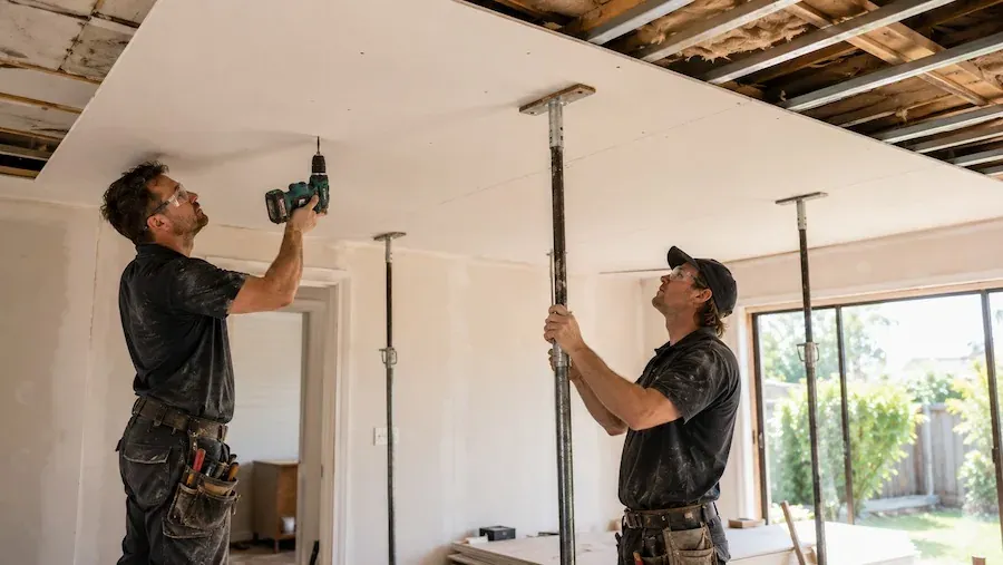 Two ceiling fixers screwing a plasterboard sheet to the joists while it is held up by props