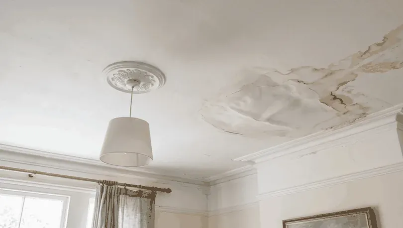 Water staining and bubbling plaster spreading out from a ceiling rose and pendant light