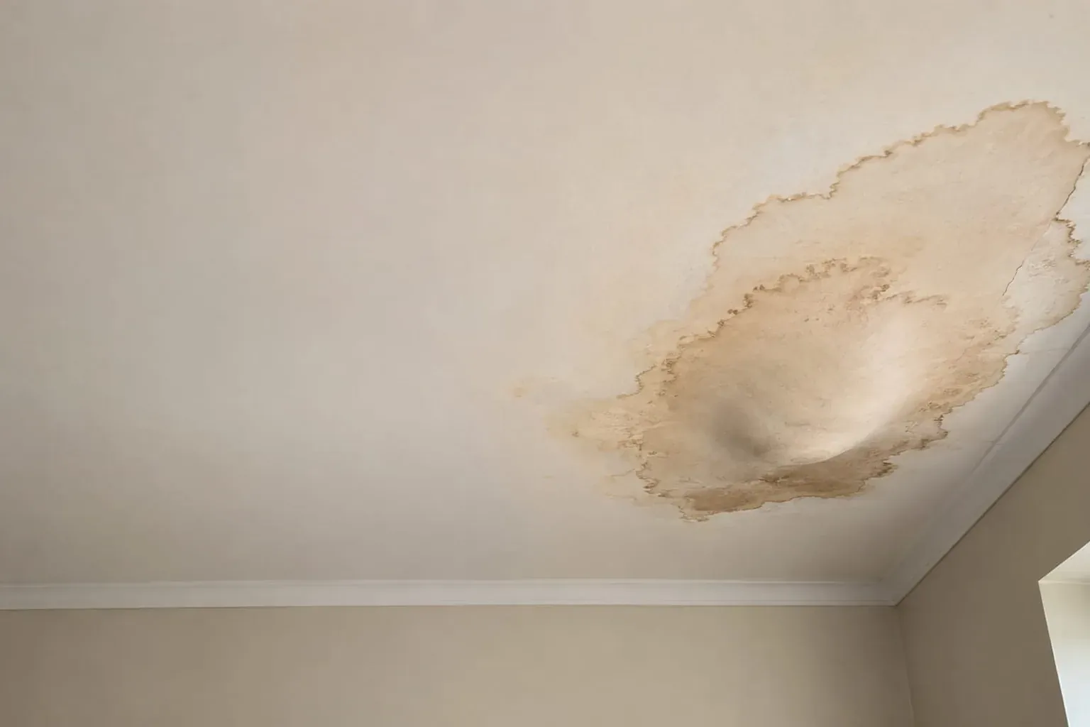 Brown water stain on a white ceiling with a visible bulge forming beneath it