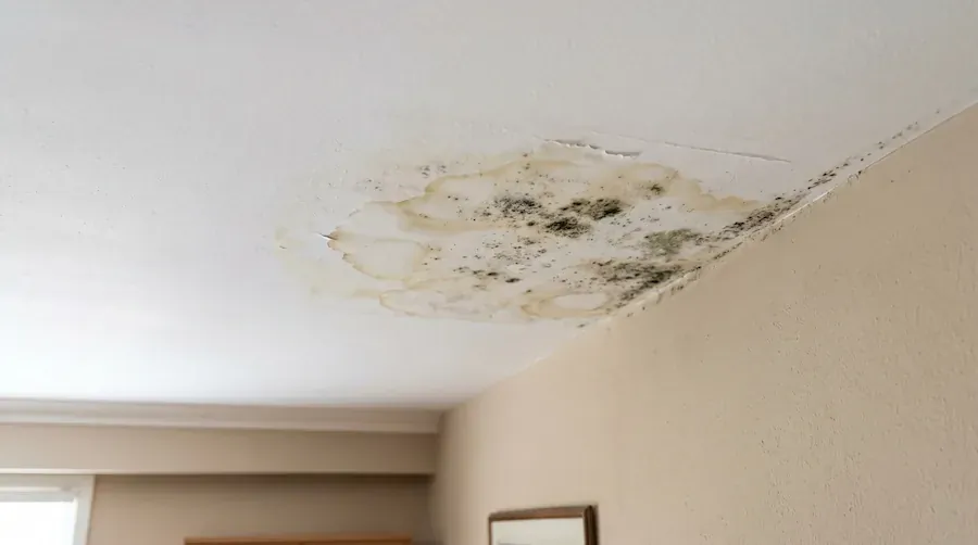 Brown water stain spreading across a white plasterboard ceiling with early mould at the edge