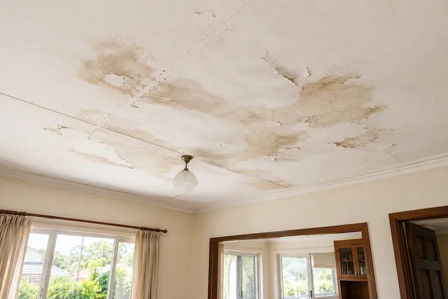 Lounge room ceiling in an older brick home with water staining spread across several sheets and plaster flaking at the joins