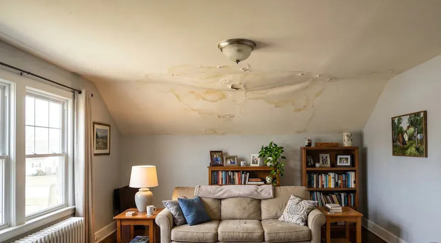 Water-stained ceiling sagging and bubbling above a lounge room sofa
